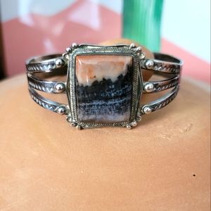 Vintage Sterling Silver Petrified Wood Agate Cuff Bracelet